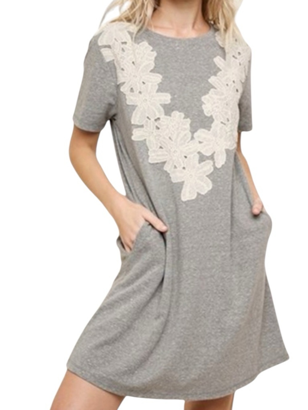 Umgee Floral Pocket Gray Short Sleeve Shirt Dress